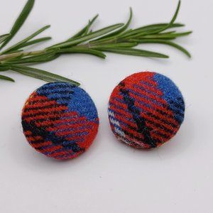 Button Earrings - Red and Blue Tweed Wool Fabric